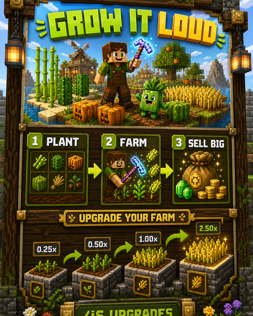 Grow It Loud guide explaining the farming loop and island upgrades.